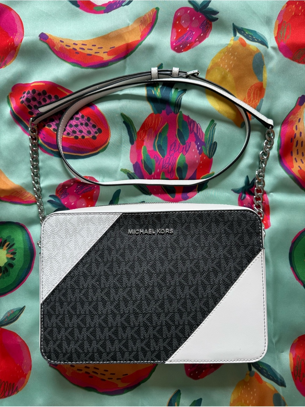 Michael Kors Black and White Diagonal Logo Crossbody Bag